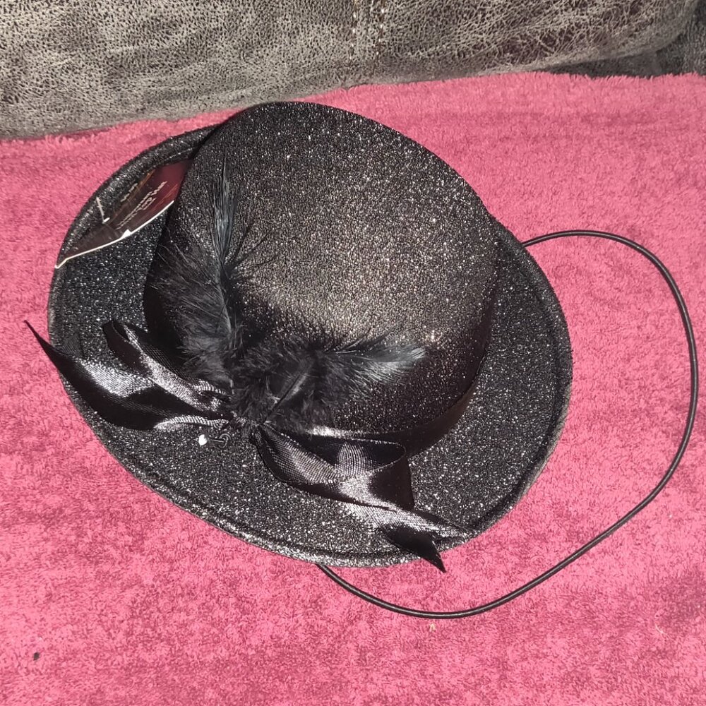 NWT Mini Black Sequin Glittery Satin Bow and Feathers Fedora with Chin Elastic